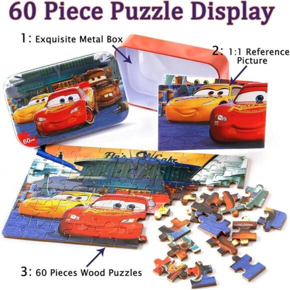 Car Jigsaw Puzzles in a Metal Box 60 Pieces Lightning Jigsaw Puzzle for Kids - Picture 2 of 7